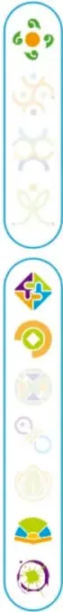 Franja decorativa con iconos circulares de colores (flores, estrellas, formas geométricas) que funcionan como indicadores de sección del libro.