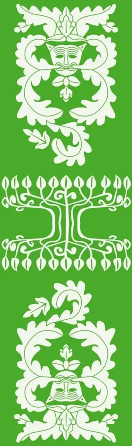 Franja verde con tres ilustraciones ornamentales en blanco: una figura con mascarón arriba, un árbol estilizado con raíces al centro, y otro motivo ornamental con mascarón abajo.