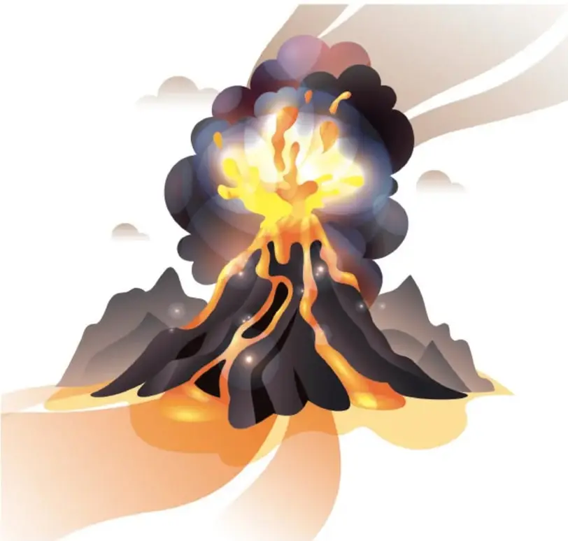Ilustracion de un volcan en erupcion: expulsa lava naranja brillante, cenizas oscuras y humo, rodeado de montanas grises y nubes, sobre un fondo de tonos calidos. Representa metaforicamente el enojo intenso que 'explota'.