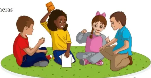 Ilustración de cuatro niños sentados en círculo sobre el pasto elaborando diplomas y trabajos: una niña sostiene un diploma naranja en alto, los demás escriben y conversan animadamente. Crédito: Mara Natalia Edisa Juárez Ramírez, Ciudad de México.