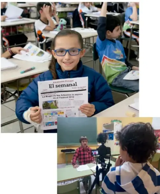 Niña con lentes sosteniendo un periódico escolar titulado 'El semanal' en un salón de clases.