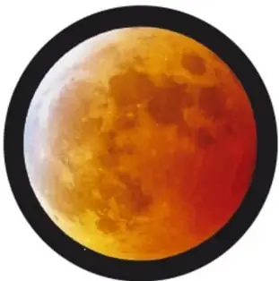 Eclipse lunar total: Luna completa de color rojizo-naranja («Luna de sangre»), en marco circular oscuro.