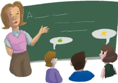 Ilustración de una maestra frente a un pizarrón verde con tres estudiantes sentados de espaldas.