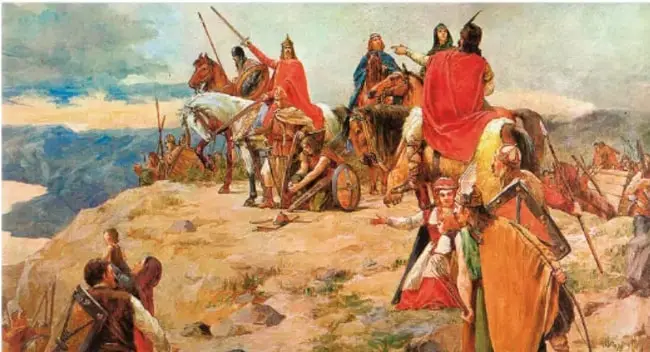 Pintura histórica que muestra a un grupo de jinetes y guerreros con vestimenta de la Antigüedad reunidos en un paisaje montañoso.