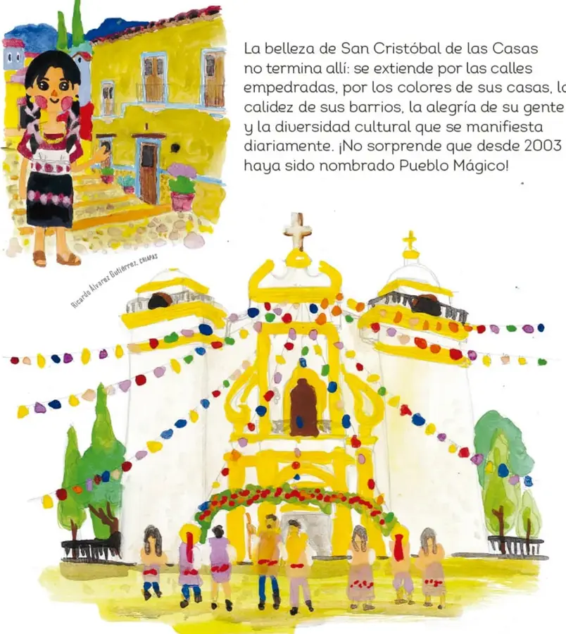 Acuarela de una niña con blusa tradicional chiapaneca frente a casas amarillas en una calle empedrada.
