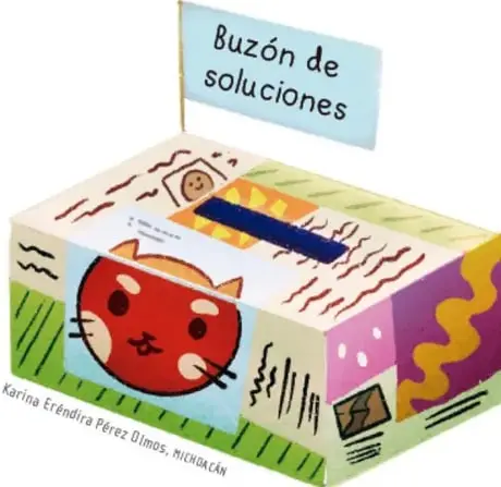 Ilustración del buzón terminado con un cartel que dice 'Buzón de soluciones' sostenido por un palito de madera; crédito: Karina Eréndira Pérez Olmos, Michoacán.