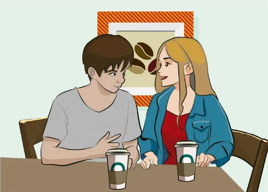 Ilustración de un joven y una joven sentados en una mesa conversando de manera amable y tranquila, cada uno con una taza de café; ambiente cordial que ejemplifica la comunicación asertiva. Crédito: Jorge Eduardo Moussong Lavalle, Ciudad de México.