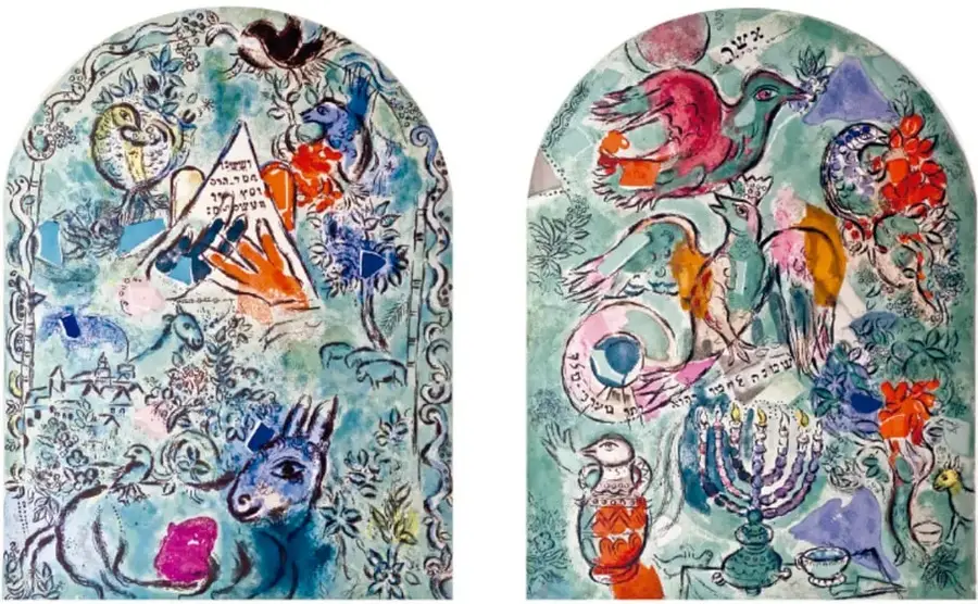 Vitral La tribu de Isacar, 1964, Marc Chagall. Formas orgánicas, colores azules, rojos y amarillos, con una paloma y un candelabro.