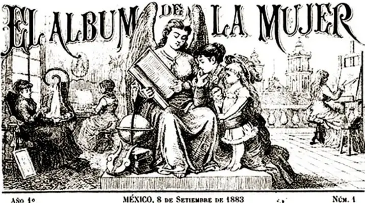 Portada de El Álbum de la Mujer, periódico ilustrado mexicano del 8 de septiembre de 1883; muestra a una mujer que representa a la Patria, sentada y educando a varios niños que representan el futuro de la nación, en un entorno alegórico.