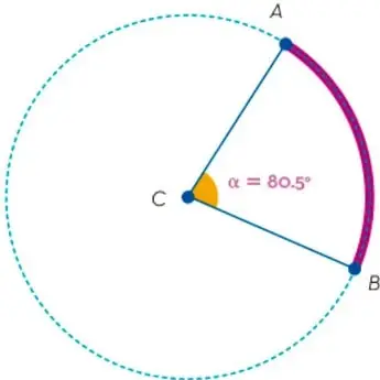 Circunferencia con centro C, ángulo central BCA de 80.5° y arco AB resaltado.