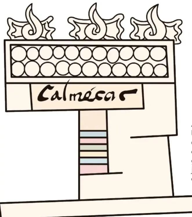 Ilustración de una estructura piramidal estilizada con la palabra 'Calmécac' escrita en su parte frontal, representando la escuela de las grandes élites mexicas; en su parte superior tiene ornamentos con forma de llamas o plumas y una franja con círculos repetidos.