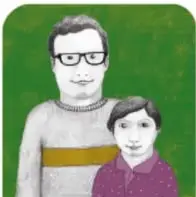 Ilustración de una familia (Rosana Mesa Zamudio, PUEBLA): hombre, mujer y niña en brazos, rodeados de hojas.