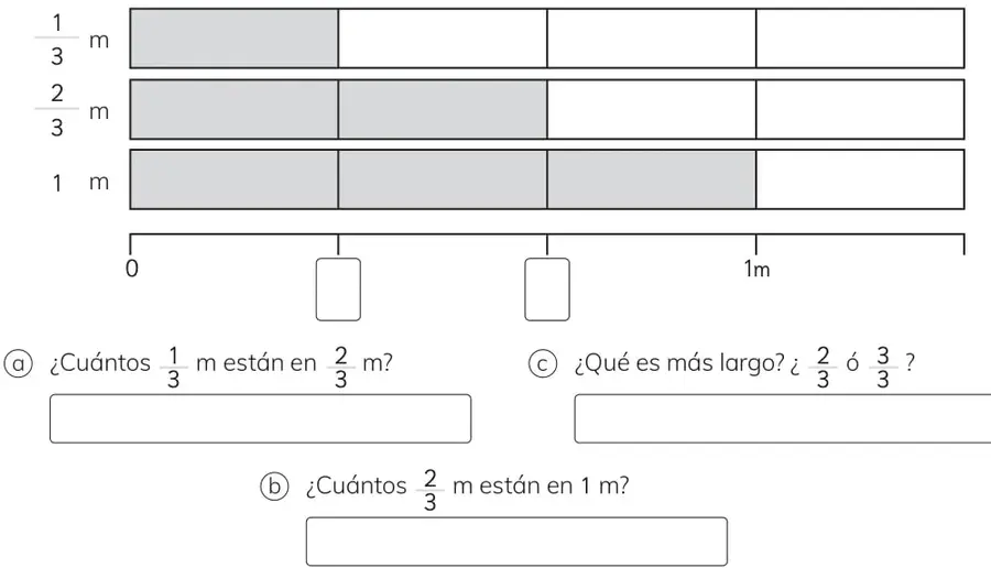 Recta numérica de 0 a 1 m dividida en tres partes iguales con fracciones 1/3, 2/3 y 1 m.