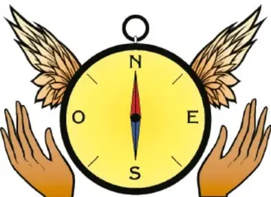 Ilustración de una brújula con alas de ángel sostenida por dos manos; indicando los puntos cardinales N, S, E, O. Crédito: Mauricio Reyes Valle, MORELOS.