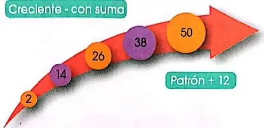Flecha de una sucesión creciente: $2, 14, 26, 38, 50$, con patrón $+12$.