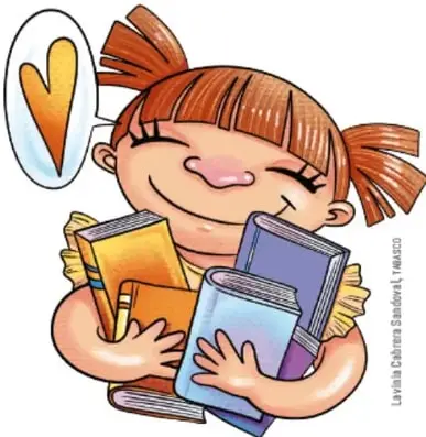 Ilustración de una niña con cabello castaño y coletas, ojos cerrados y sonrisa, abrazando varios libros de colores. A su lado hay un globo de diálogo con un corazón.