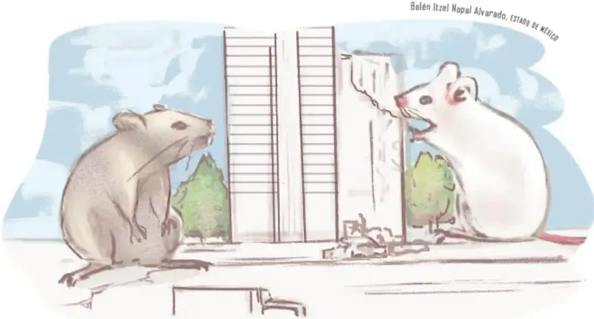 Ilustración de dos ratones gigantes junto a un edificio alto, uno de ellos mordisqueando la estructura, en un paisaje urbano.