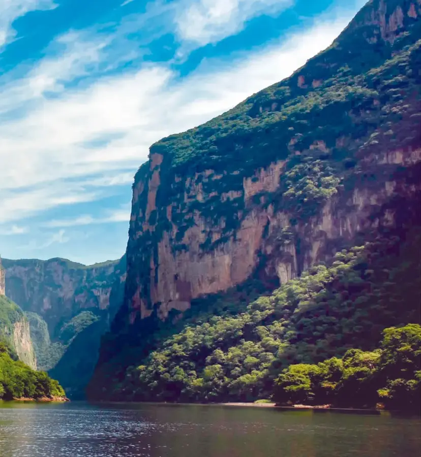 Fotografía de las paredes del Cañón del Sumidero con vegetación verde, el río Grijalva en primer plano y cielo azul con nubes. No hay texto sobre la imagen.