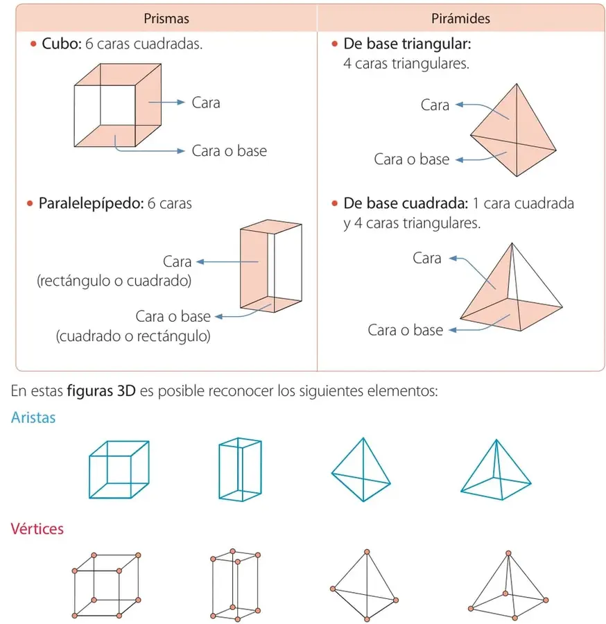Cubo dibujado con sus caras sombreadas; flechas señalan 'Cara' y 'Cara o base'.