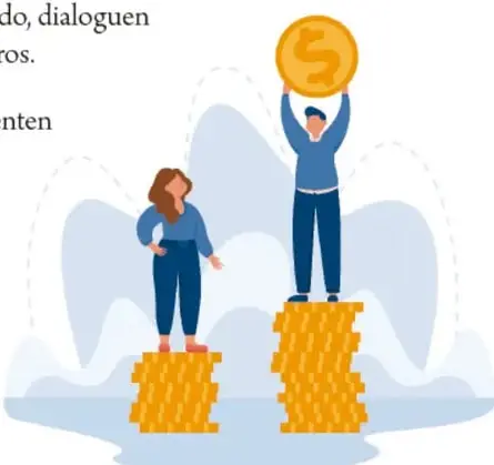 Ilustración de dos personas paradas sobre pilas de monedas doradas; la de arriba sostiene una moneda grande con el símbolo de pesos, evocando la idea de la diversidad como fuente de riqueza.