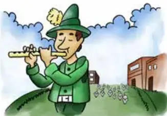 Ilustración de un flautista vestido de verde tocando su flauta, con un pueblo al fondo y ratones siguiéndolo.