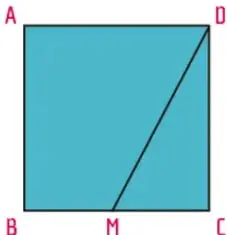 Cuadrado azul ABCD con punto medio M en BC y diagonal MD trazada.
