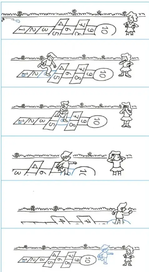 Tira de seis viñetas dibujadas a mano que muestran a dos niñas jugando y mirando un saltaecas (rayuela) con números, en secuencia.