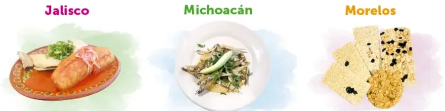 Fotografías de una torta ahogada en plato de barro, un taco de charales con cilantro y alegrías de amaranto con cacahuates.