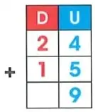 Representación de la suma de las decenas y resultado final $39$.
