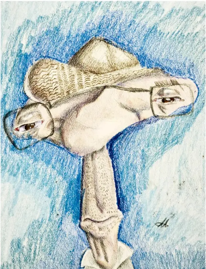 Ilustración a color de una figura humana estilizada con un gran sombrero, anteojos y cuerpo alargado, dibujada sobre un fondo azul con trazos de color. Crédito: Marco Antonio Reyes Ramos.