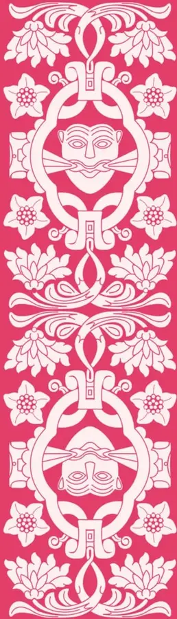 Franja vertical color rosa mexicano con un patrón decorativo simétrico de inspiración prehispánica: flores, roleos y dos rostros humanos estilizados enmarcados en óvalos, con un diseño geométrico central.