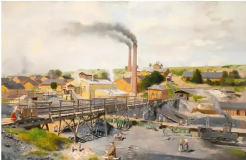 Ilustración de una fábrica de la Revolución Industrial con chimeneas que emiten humo, obras y trabajadores junto a un río.