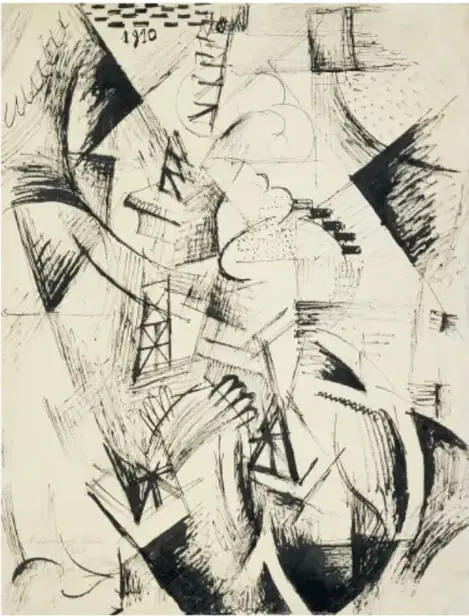Obra abstracta con líneas negras y formas geométricas, titulada *La torre y la rueda* de Robert Delaunay.