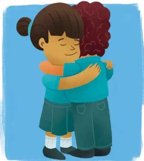 Ilustración de dos niñas abrazándose; una tiene cabello castaño recogido y la otra cabello rizado rojizo. Visten uniforme escolar. Crédito: Carlos Emmanuel Cano Morales.