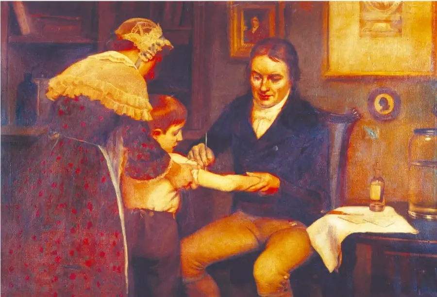 Pintura de finales del siglo XVIII o inicio del XIX: el doctor, vestido de azul oscuro y pantalón amarillo, sentado en una silla, aplica la vacuna con una lanceta en el brazo izquierdo de un niño de camisa blanca; la madre, con pañuelo en la cabeza y delantal rojo floreado, sostiene al niño; al fondo hay un escritorio con un frasco de vidrio, papeles y un retrato colgado en la pared.