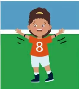 Niño con playera naranja y número 8, brazos abiertos y extendidos hacia adelante, sobre un fondo de cancha. A la izquierda dice «¡Pásame el balón!».