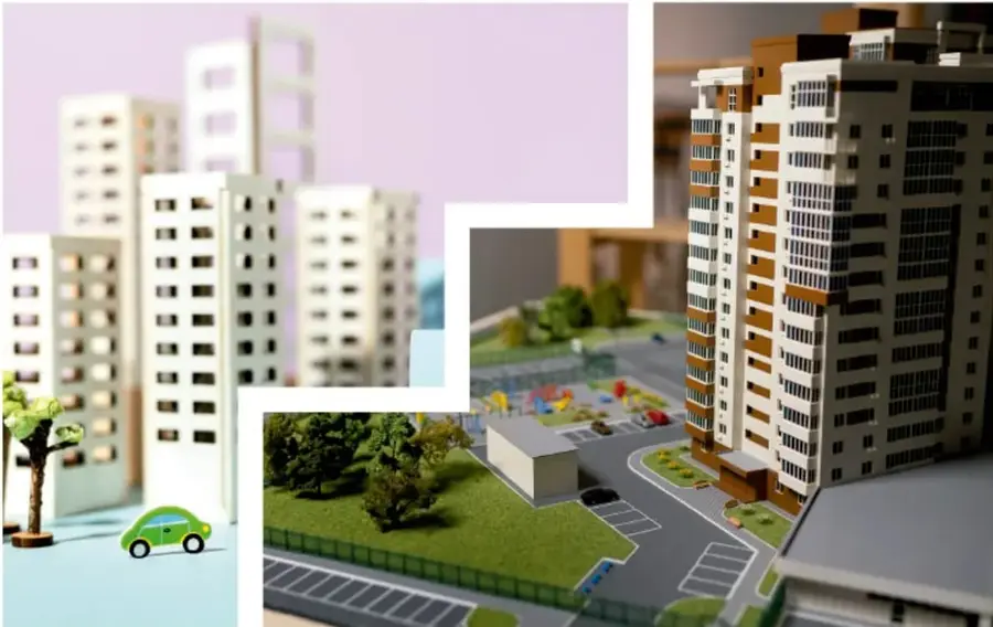 Collage de tres fotografías de maquetas arquitectónicas: edificios blancos con un árbol y un auto verde, un paisaje con áreas verdes y estacionamiento, y un edificio alto de departamentos.