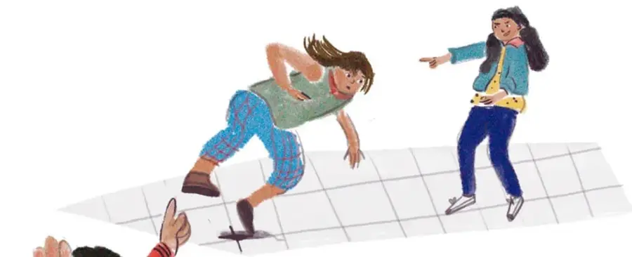 Ilustración de dos estudiantes en un patio escolar: una niña señala a otra que tropieza, escena de posible conflicto o burla.