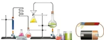 Ilustración de equipo de laboratorio de química: soportes, matraces, condensadores y una pila, representando propiedades químicas.