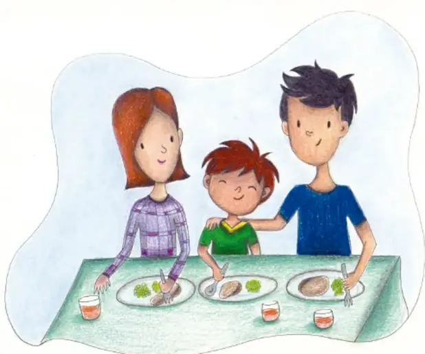 Ilustración de una familia (madre, hijo y padre) compartiendo la comida en una mesa.