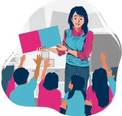 Ilustración de una maestra frente a su grupo mostrando una carta; los estudiantes levantan la mano para participar.