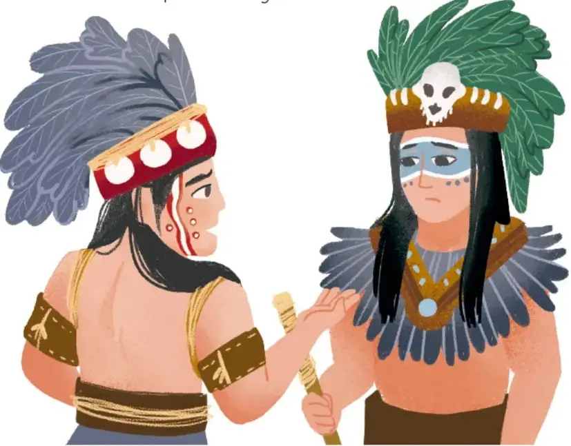 Dos personajes con atuendos tradicionales de plumas se saludan: uno con penacho gris y pintura facial roja, y otro con tocado verde con calavera, pintura azul y un bastón. Firmado: Leyla Adriáñez García Alonso.