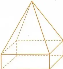Sólido tridimensional compuesto aparentemente por un prisma rectangular y una pirámide, sin medidas visibles.
