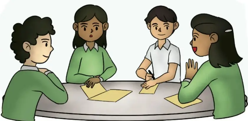 Ilustración de cuatro estudiantes sentados alrededor de una mesa redonda; conversan y toman notas en hojas. Al pie se lee: Mariana Reyes Santiago, ESTADO DE MÉXICO.
