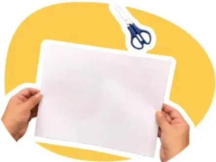 Manos sosteniendo una hoja blanca sobre un fondo amarillo, con unas tijeras azules en la parte superior.