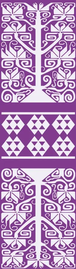 Patrón decorativo morado con figuras geométricas simétricas y motivos tipo greca, sin contenido matemático.