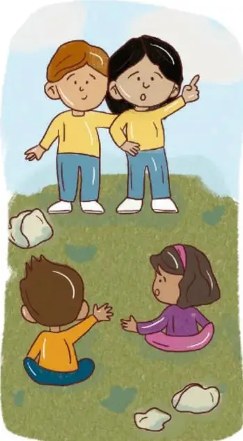 Ilustración de dos estudiantes de pie conversando y dos estudiantes sentados en el pasto, representando el diálogo en comunidad.