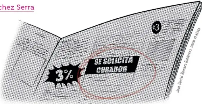 Ilustración en blanco y negro de un periódico abierto con un anuncio que dice «SE SOLICITA CURADOR» y un sello con «3%». Al costado derecho se lee el crédito «Juan Daniel Romero Gutiérrez, curso 2018-2019».