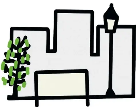 Siluetas de edificios altos con contorno negro, un sauce pequeño, un banco de parque y un farol, en estilo minimalista.