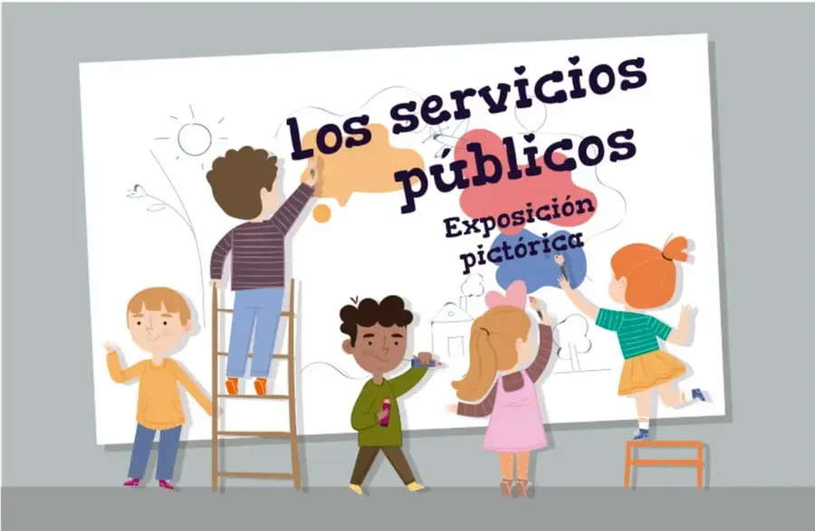 Ilustración de cinco estudiantes de primaria elaborando un mural blanco. Uno sube una escalera, otros pintan con pincel y crayón. Sobre el mural se lee "Los servicios públicos" y "Exposición pictórica".